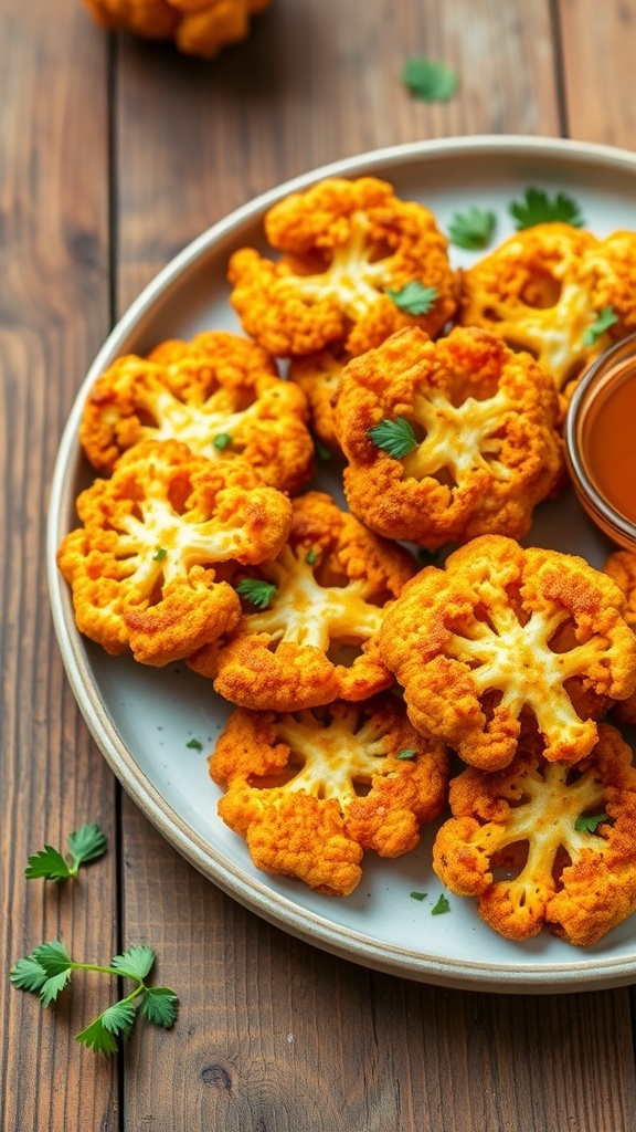 Crispy cauliflower fritters served with herbs and dipping sauce on a rustic table.